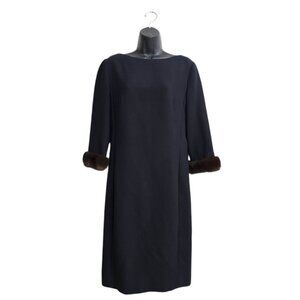 Chetta B Vintage Black Fur Trimmed Long Sleeve Knee Length Shift Dress Sz 10